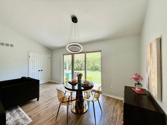 Dining room, Interior, Pendant Lights, Wood Texture Flooring