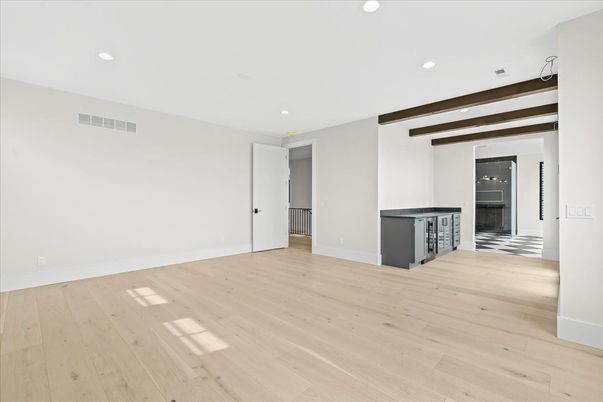 Empty room, Fireplace, Interior, Recessed Lighting, Wood Texture Flooring