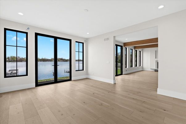 Empty room, Interior, Recessed Lighting, Water, Wooden Beams, Wood Texture Flooring