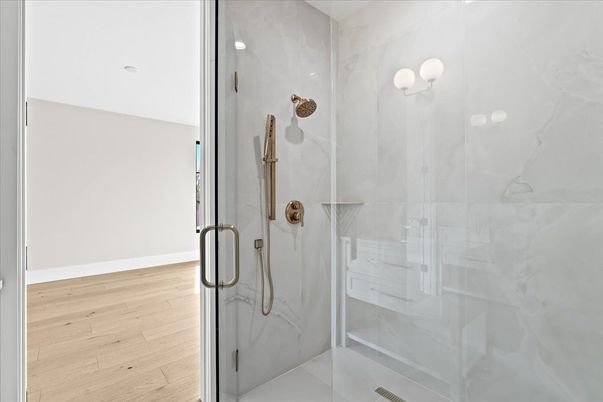 Bathroom, Glass Shower, Interior, Marble Walls, Wood Texture Flooring