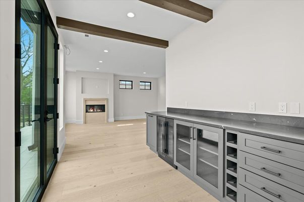 Fireplace, Interior, Recessed Lighting, Wooden Beams, Wood Texture Flooring