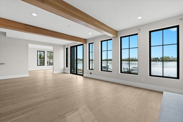 Empty room, Interior, Recessed Lighting, Water, Wooden Beams, Wood Texture Flooring