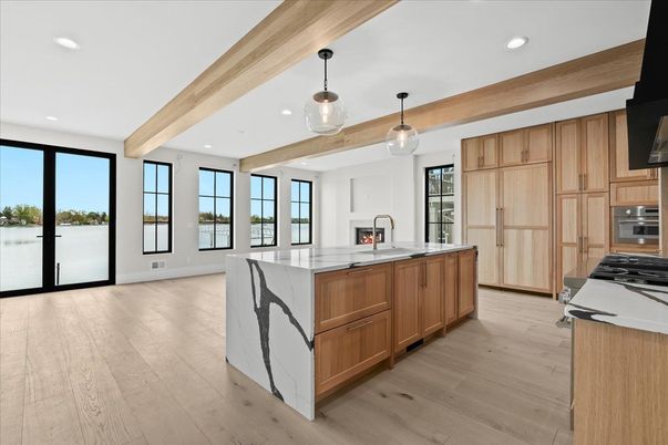 Interior, Kitchen, Pendant Lights, Recessed Lighting, Stainless Steel Appliances, Wooden Beams, Wood Texture Flooring