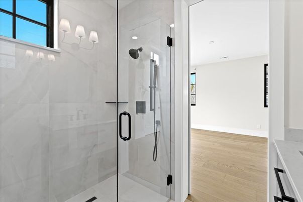 Bathroom, Glass Shower, Interior, Recessed Lighting, Wood Texture Flooring