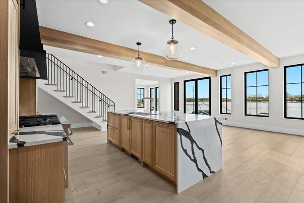Interior, Kitchen, Pendant Lights, Recessed Lighting, Water, Wooden Beams, Wood Texture Flooring