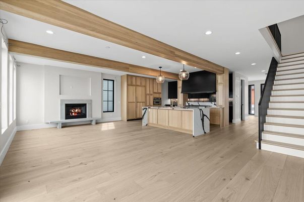 Fireplace, Interior, Kitchen, Pendant Lights, Recessed Lighting, Wood Texture Flooring