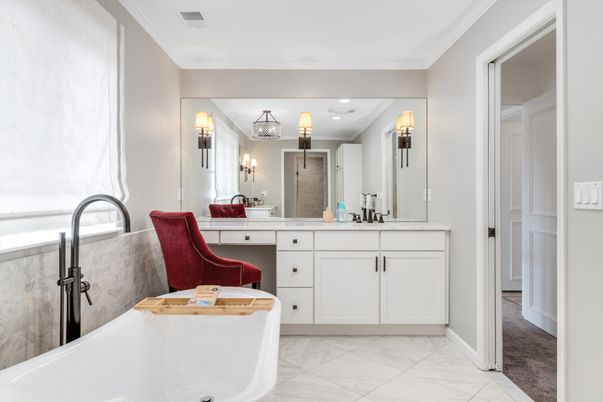 Bathroom, Dual Sink Vanities, Free Standing Baths, Interior, Marble, Recessed Lighting