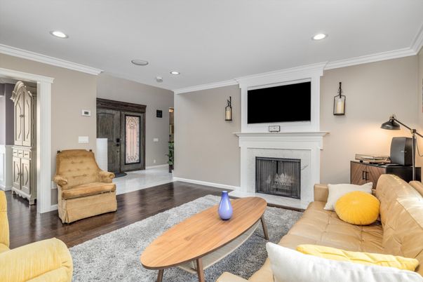 Fireplace, Interior, Living room, Recessed Lighting, Wood Texture Flooring