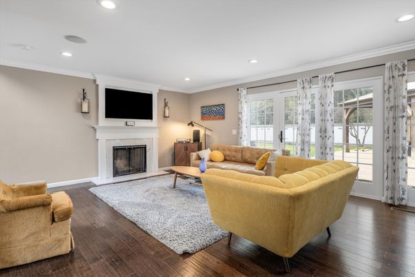 Fireplace, Interior, Living room, Recessed Lighting, Wood Texture Flooring