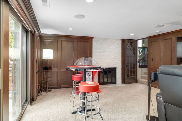 Fireplace, Interior, Recessed Lighting, Stone Walls
