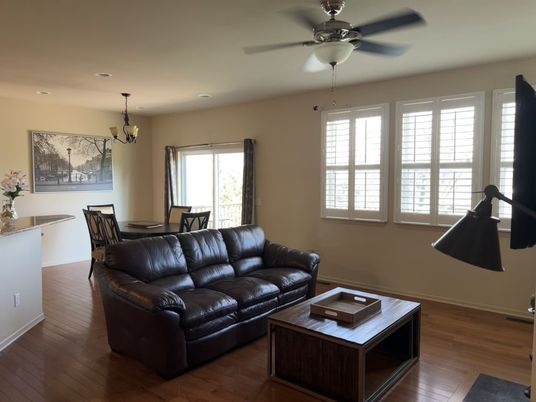 Dining room, Interior, Living room, Pendant Lights, Recessed Lighting, Wood Texture Flooring