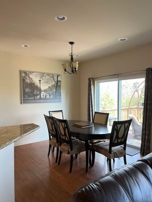 Chandelier, Dining room, Interior, Recessed Lighting, Wood Texture Flooring
