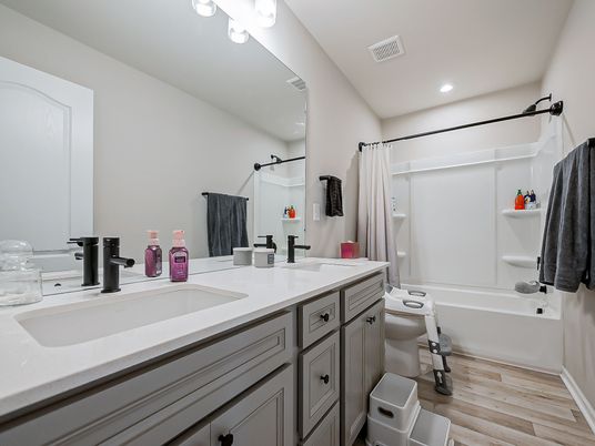 Bathroom, Dual Sink Vanities, Interior, Recessed Lighting, Wood Texture Flooring
