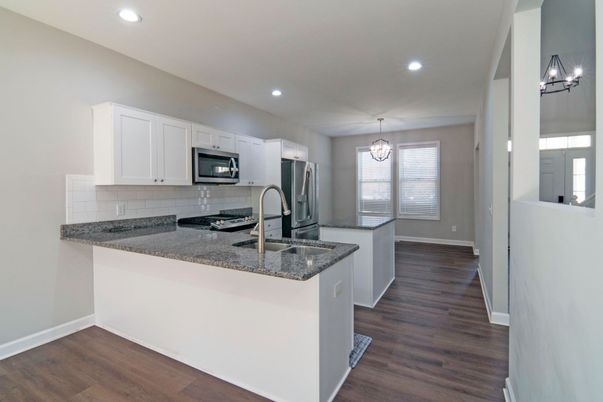 Chandelier, Interior, Kitchen, Pendant Lights, Recessed Lighting, Stainless Steel Appliances, Wood Texture Flooring