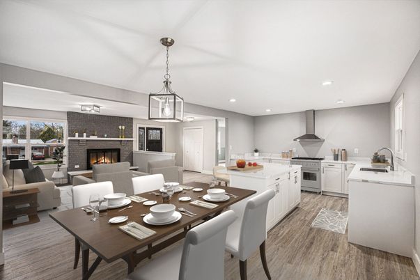 Dining room, Fireplace, Interior, Kitchen, Living room, Pendant Lights, Recessed Lighting, Wood Texture Flooring