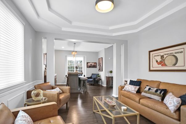 Dining room, Interior, Living room, Pendant Lights, Recessed Lighting, Wood Texture Flooring