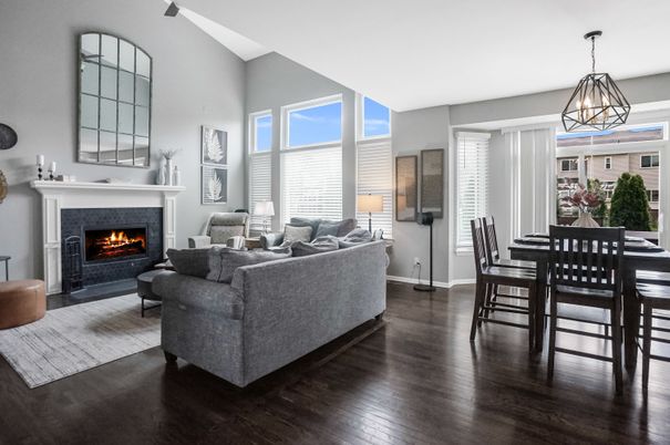 Dining room, Fireplace, Interior, Living room, Pendant Lights, Wood Texture Flooring