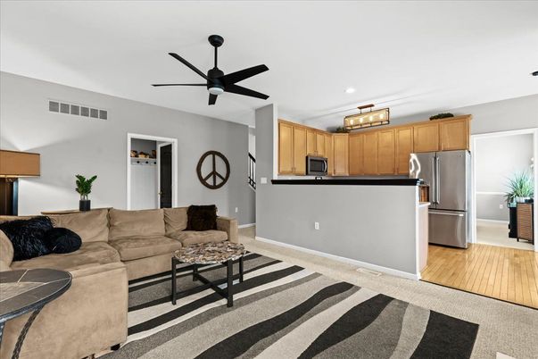 Interior, Kitchen, Living room, Recessed Lighting, Stainless Steel Appliances, Wood Texture Flooring