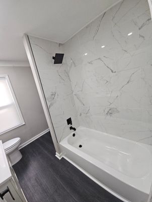 Bathroom, Interior, Marble Walls, Wood Texture Flooring