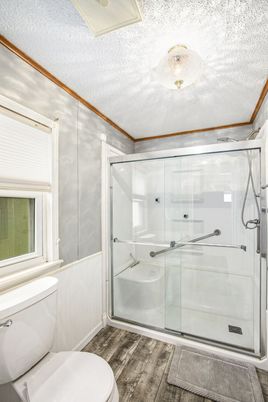 Bathroom, Glass Shower, Interior, Wood Texture Flooring