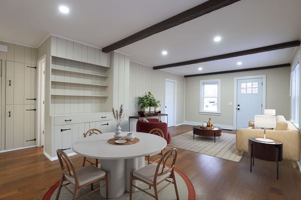 Dining room, Interior, Living room, Recessed Lighting, Wooden Beams, Wood Texture Flooring