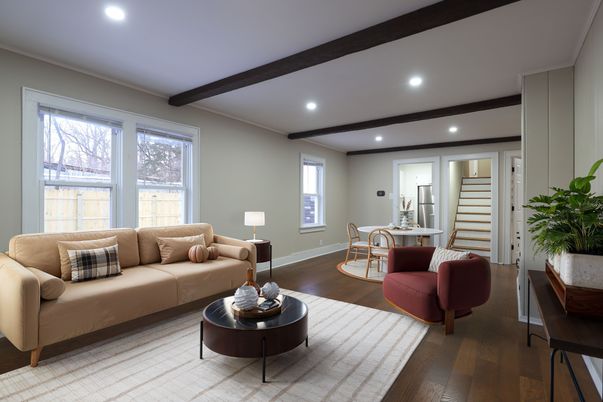 Dining room, Interior, Living room, Recessed Lighting, Wooden Beams, Wood Texture Flooring