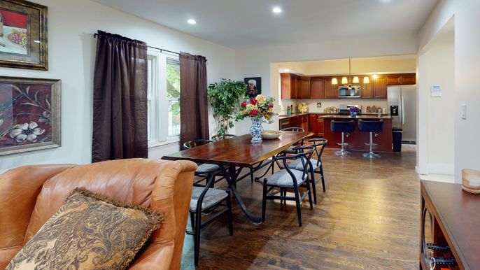 Dining room, Interior, Kitchen, Pendant Lights, Recessed Lighting, Stainless Steel Appliances, Wood Texture Flooring