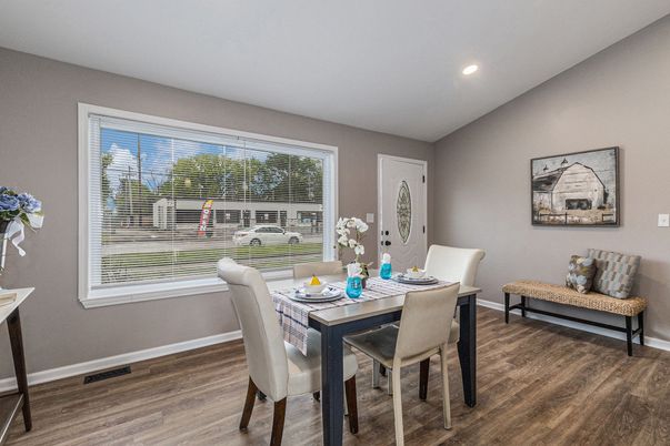 Dining room, Interior, Recessed Lighting, Wood Texture Flooring