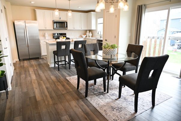 Dining room, Interior, Kitchen, Pendant Lights, Recessed Lighting, Stainless Steel Appliances, Wood Texture Flooring