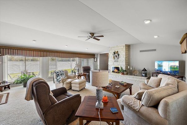 Fireplace, Interior, Living room, Recessed Lighting, Stone Walls