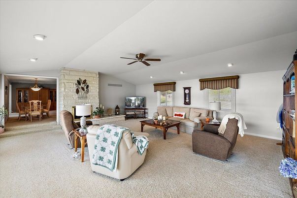 Dining room, Interior, Living room, Recessed Lighting, Stone Walls