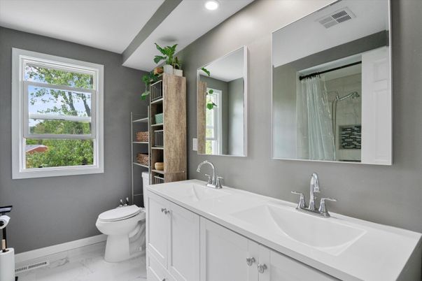 Bathroom, Dual Sink Vanities, Interior, Marble, Recessed Lighting