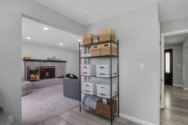 Fireplace, Interior, Recessed Lighting, Wood Texture Flooring