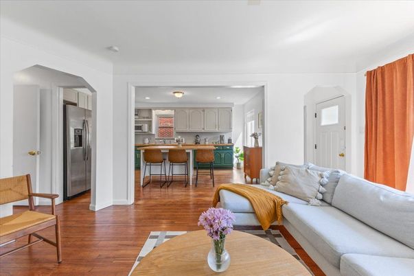 Dining room, Interior, Kitchen, Living room, Recessed Lighting, Stainless Steel Appliances, Wood Texture Flooring