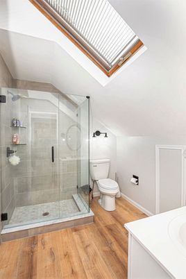 Bathroom, Glass Shower, Interior, Wood Texture Flooring