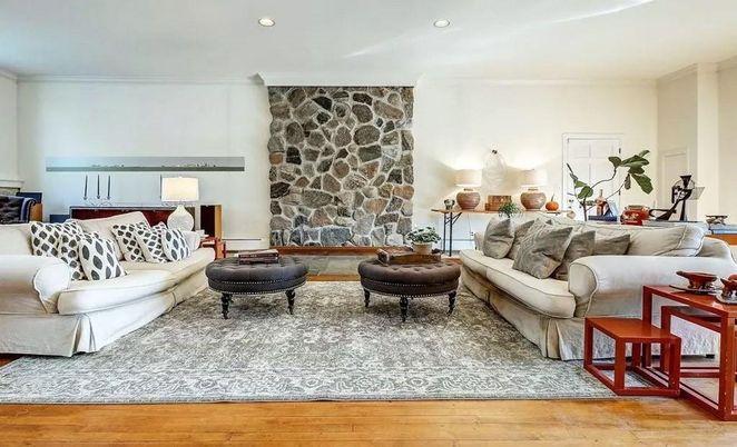 Interior, Living room, Recessed Lighting, Stone Walls, Wood Texture Flooring