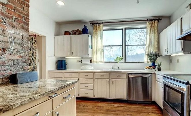 Interior, Kitchen, Recessed Lighting, Stainless Steel Appliances, Stone Walls, Wood Texture Flooring