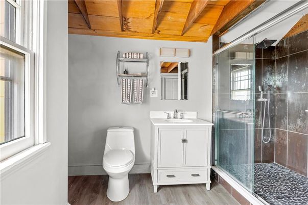 Bathroom, Glass Shower, Interior, Wooden Beams, Wooden Ceilings, Wood Texture Flooring