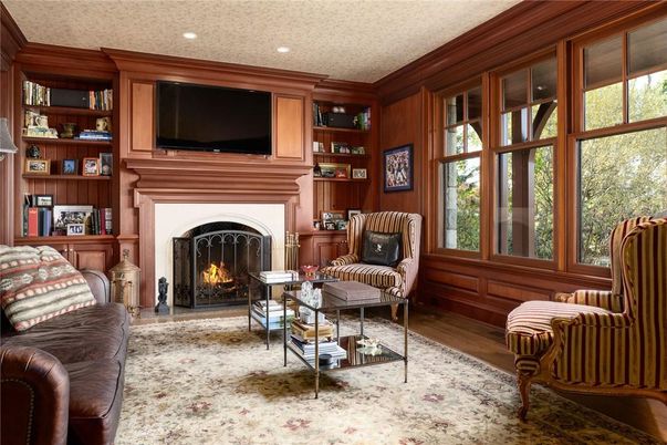 Fireplace, Interior, Living room, Recessed Lighting, Wood Texture Flooring, Wooden Walls
