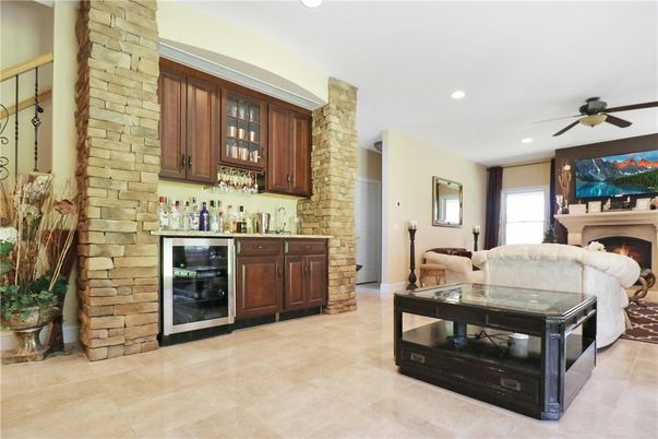 Fireplace, Interior, Living room, Recessed Lighting, Stone Walls