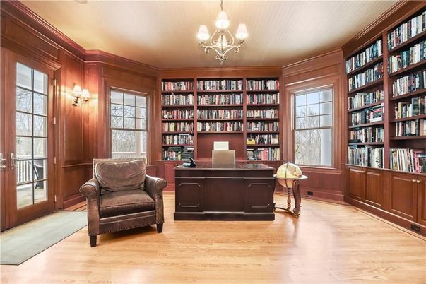 Chandelier, Home Office, Interior, Wood Texture Flooring, Wooden Walls