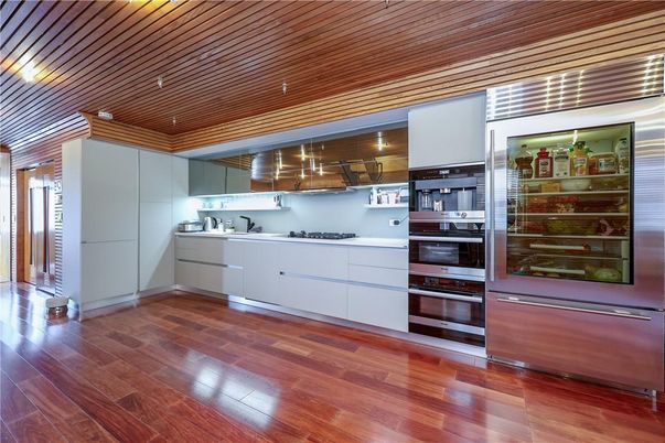 Interior, Kitchen, Pendant Lights, Stainless Steel Appliances, Wood Texture Flooring