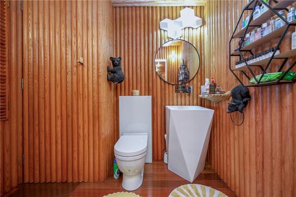 Bathroom, Free Standing Baths, Interior, Wood Texture Flooring, Wooden Walls