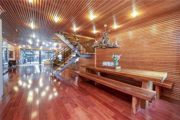 Dining room, Interior, Recessed Lighting, Wooden Ceilings, Wood Texture Flooring, Wooden Walls