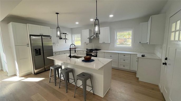 Interior, Kitchen, Pendant Lights, Recessed Lighting, Stainless Steel Appliances, Wood Texture Flooring
