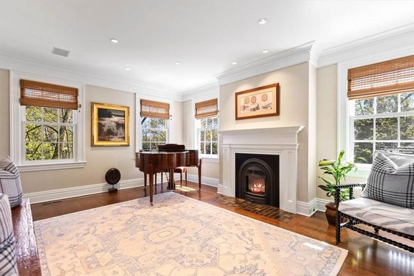 Fireplace, Interior, Piano, Recessed Lighting, Wood Texture Flooring