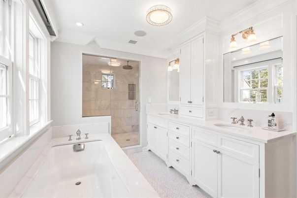 Bathroom, Dual Sink Vanities, Glass Shower, Interior, Marble Walls, Recessed Lighting