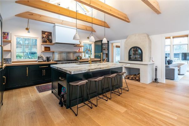 Fireplace, Interior, Kitchen, Pendant Lights, Wooden Beams, Wood Texture Flooring