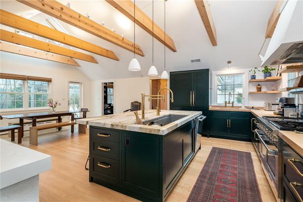 Interior, Kitchen, Pendant Lights, Stainless Steel Appliances, Wooden Beams, Wood Texture Flooring
