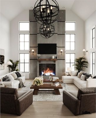 Chandelier, Fireplace, Interior, Living room, Recessed Lighting, Wood Texture Flooring